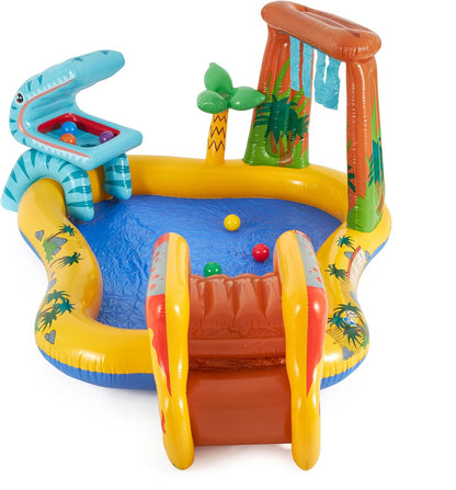 Inflatable Dinosaur Play Center Outdoor Playhouse Inflatable Water Park with Kid Pool Slide, Water Sprayer, Waterfall, and 6 Balls, Multicolor